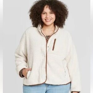 Ava + Viv Women's Sherpa Jacket - Cream w Brown Trim